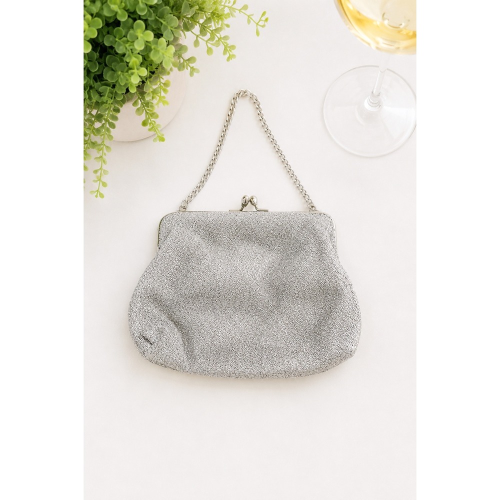 Vintage Silver Glitter Evening Bag Kiss Lock Chain Handle Wedding Cocktail Purse